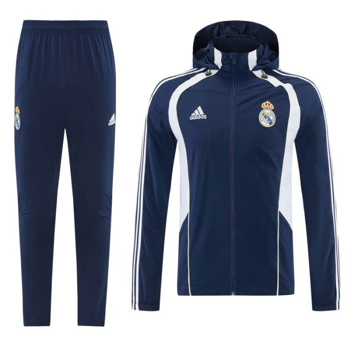 26/27 Real Madrid Navy Blue Full Zipper Hooded Windbreaker Tracksuit + Long Pants