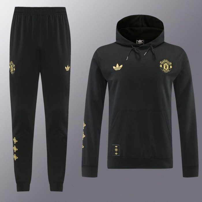 26/27 Manchester United Black Pullover Hooded Tracksuit + Long Pants
