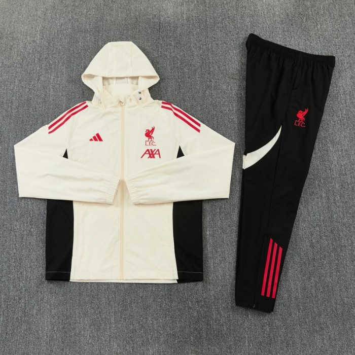 26/27 Liverpool Cream Full Zipper Hooded Jacket Tracksuit + Black Long Pants