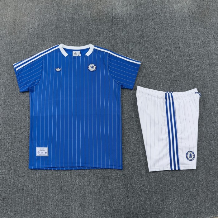 26/27 Chelsea FC  Blue  Stripes Short Sleeve+ White Soccer Shorts
