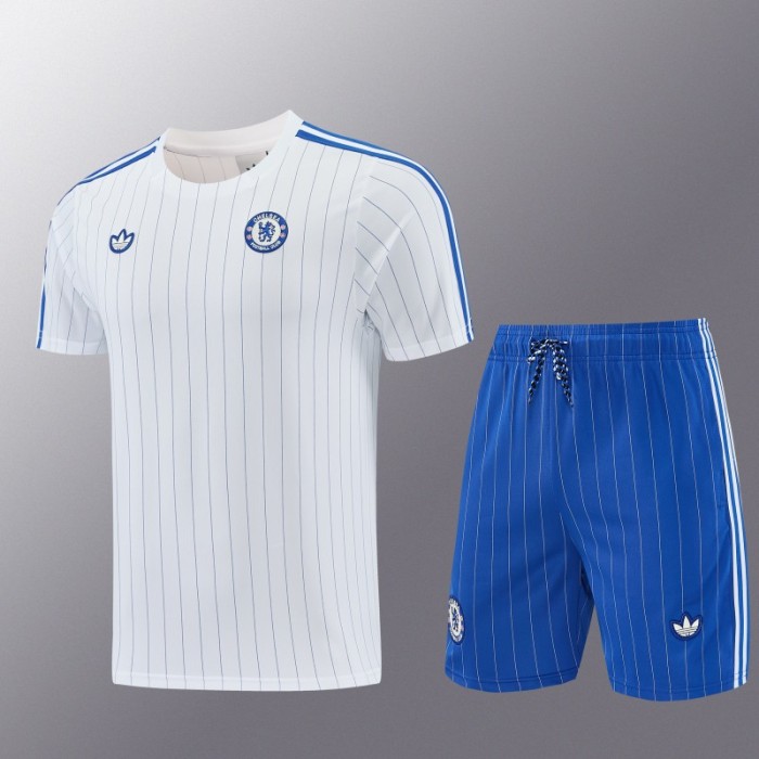 26/27 Chelsea FC White Stripes Short Sleeve+Blue Soccer Shorts