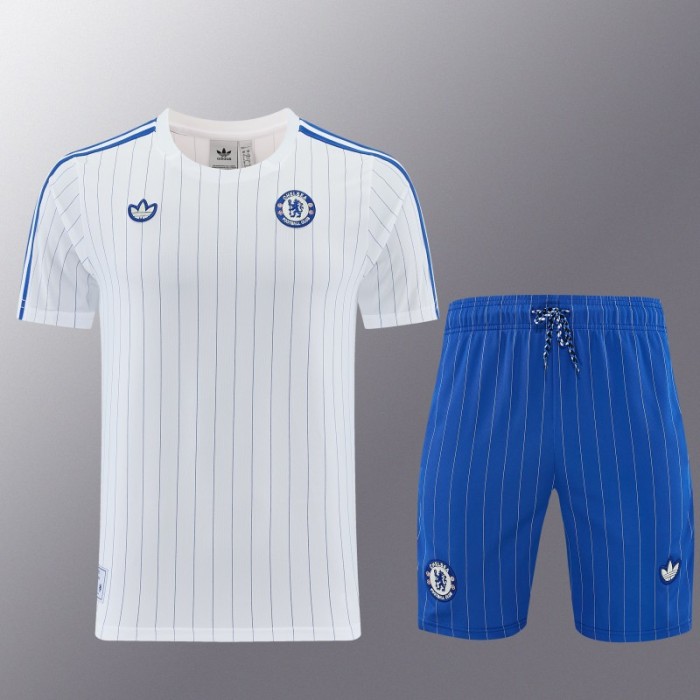 26/27 Chelsea FC White Stripes Short Sleeve+Blue Soccer Shorts