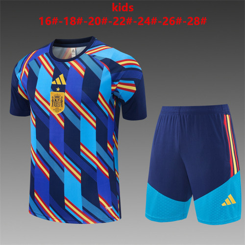 26/27 Kids Spain Navy Blue Multi-Color Diagonal Stripe Short Sleeve+Soccer Shorts