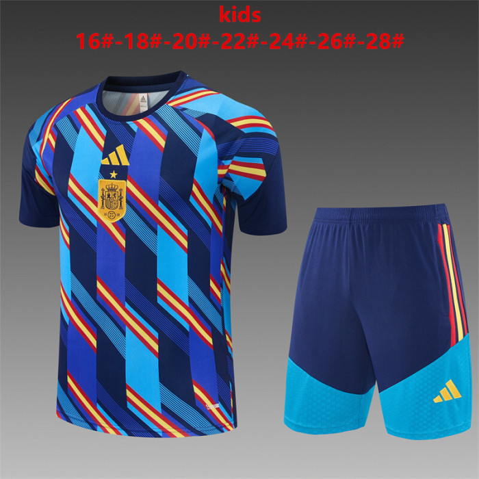 26/27 Kids Spain Navy Blue Multi-Color Diagonal Stripe Short Sleeve+Soccer Shorts