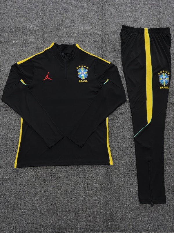 26/27 Kids Brazil Black & Yellow Half Zipper Jacket Tracksuit + Long Pants