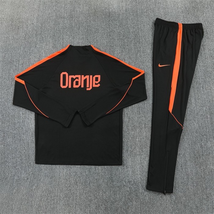 26/27 Netherlands Black & Orange  Half Zipper Jacket Tracksuit + Long Pants