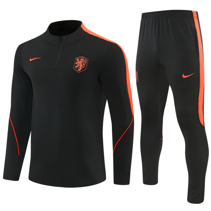 26/27 Netherlands Black & Orange  Half Zipper Jacket Tracksuit + Long Pants