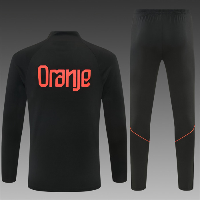 26/27 Netherlands Black & Orange  Half Zipper Jacket Tracksuit + Long Pants