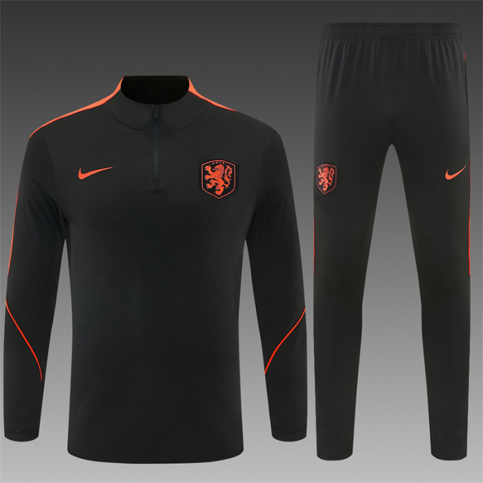 26/27 Netherlands Black & Orange  Half Zipper Jacket Tracksuit + Long Pants