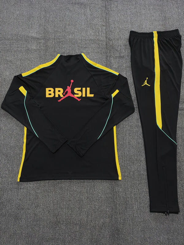 26/27 Kids Brazil Black & Yellow Half Zipper Jacket Tracksuit + Long Pants