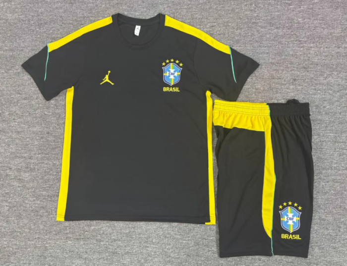 26/27  Kids Brazil Black & Yellow Short Sleeve+Soccer Shorts