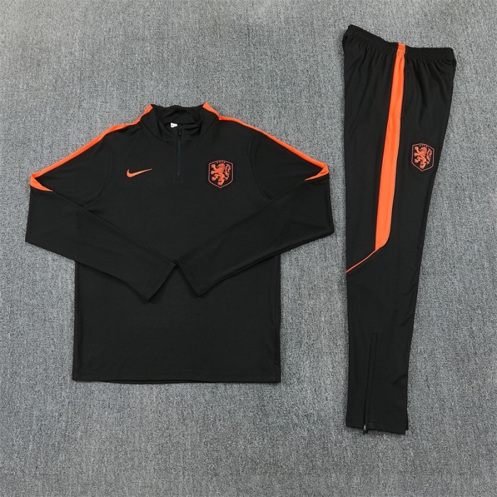 26/27 Netherlands Black & Orange  Half Zipper Jacket Tracksuit + Long Pants