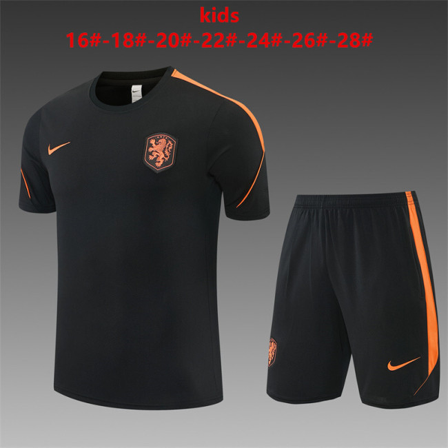 26/27 Kids Netherlands Black & Orange  Short Sleeve+Soccer Shorts