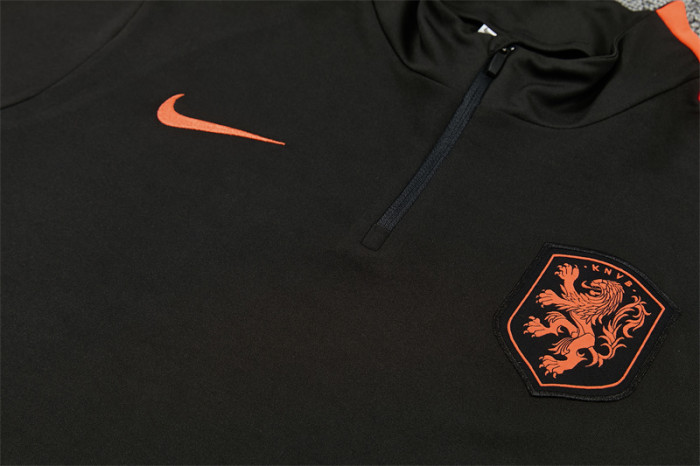 26/27 Netherlands Black & Orange  Half Zipper Jacket Tracksuit + Long Pants