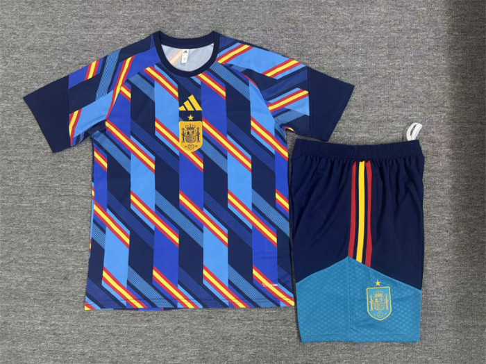 26/27 Kids Spain Navy Blue Multi-Color Diagonal Stripe Short Sleeve+Soccer Shorts