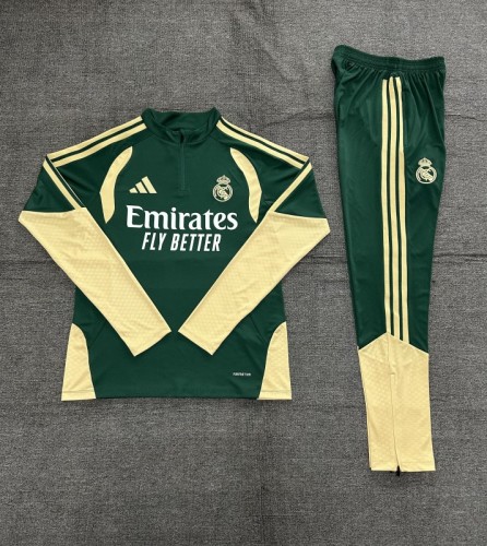 26/27 Kids Real Madrid Green & Cream  Half Zipper Jacket Tracksuit + Long Pants