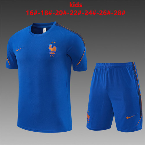 26/27 Kids France Blue & Orange Short Sleeve+Soccer Shorts