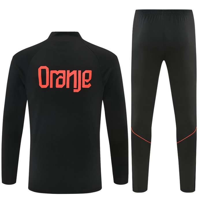 26/27 Netherlands Black & Orange  Half Zipper Jacket Tracksuit + Long Pants