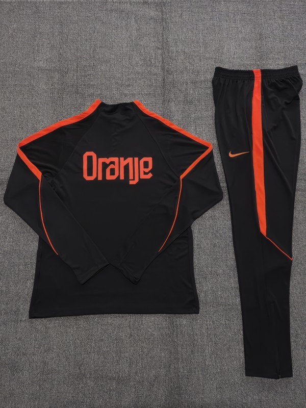 26/27 Kids Netherlands Black & Orange  Half Zipper Jacket Tracksuit + Long Pants