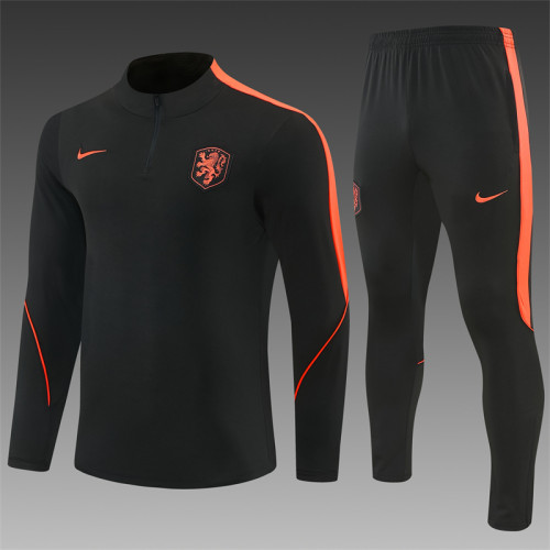 26/27 Netherlands Black & Orange  Half Zipper Jacket Tracksuit + Long Pants