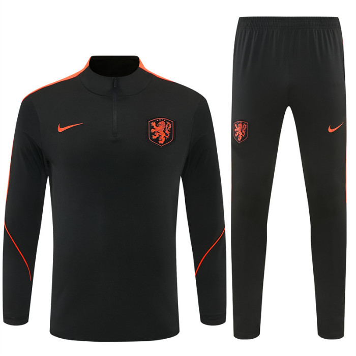 26/27 Netherlands Black & Orange  Half Zipper Jacket Tracksuit + Long Pants