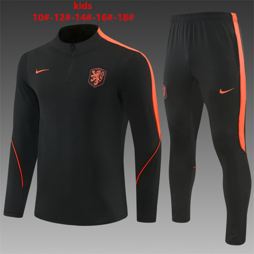 26/27 Kids Netherlands Black & Orange  Half Zipper Jacket Tracksuit + Long Pants