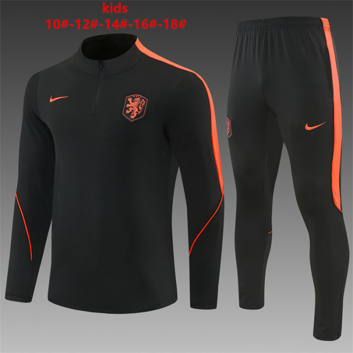 26/27 Kids Netherlands Black & Orange  Half Zipper Jacket Tracksuit + Long Pants