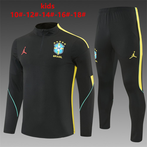 26/27 Kids Brazil Black & Yellow Half Zipper Jacket Tracksuit + Long Pants