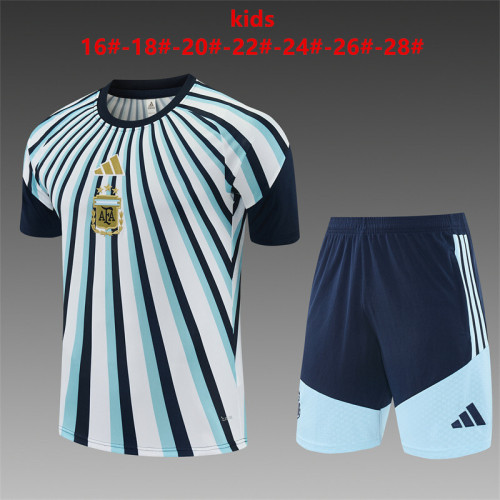 26/27 Kids  Argentina White & Light Blue Radial Stripe Short Sleeve+Soccer Shorts