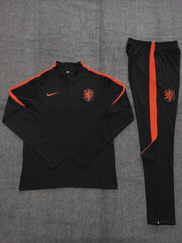 26/27 Kids Netherlands Black & Orange  Half Zipper Jacket Tracksuit + Long Pants