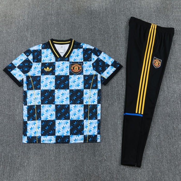 26/27 Manchester United Blue & Black Checkerboard Short Sleeve Tracksuit + Long Pants