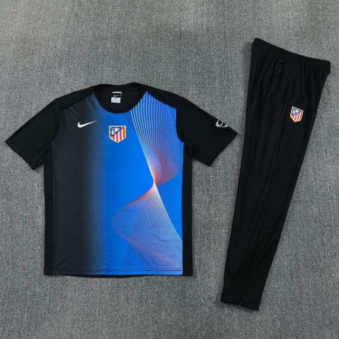26/27 Atlético de Madrid Black & Blue with Fluid Wave  Print Short Sleeve Tracksuit + Black Long Pants