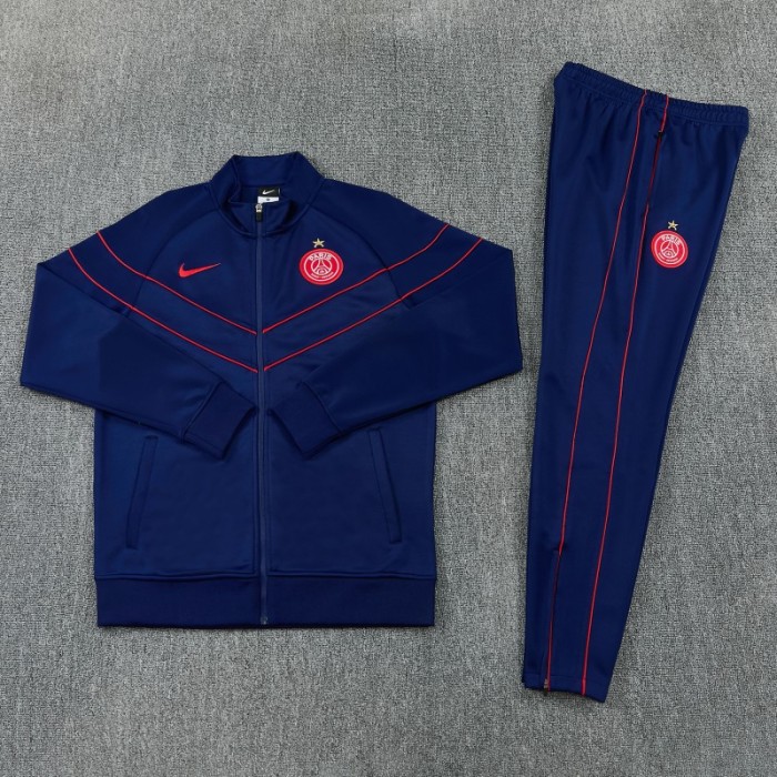 26/27 Paris Saint-Germain Navy Blue with Red Chevron Stripe Full Zipper Jacket Tracksuit + Long Pants (Home)