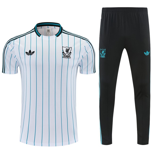 26/27 Liverpool White with Teal Pinstripe Short Sleeve Tracksuit + Long Pants