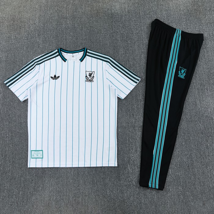 26/27 Liverpool White with Teal Pinstripe Short Sleeve Tracksuit + Long Pants