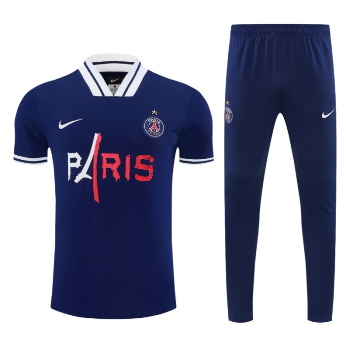 26/27 Paris Saint-Germain Navy Blue with  PARIS  Eiffel Tower Short Sleeve Tracksuit + Long Pants