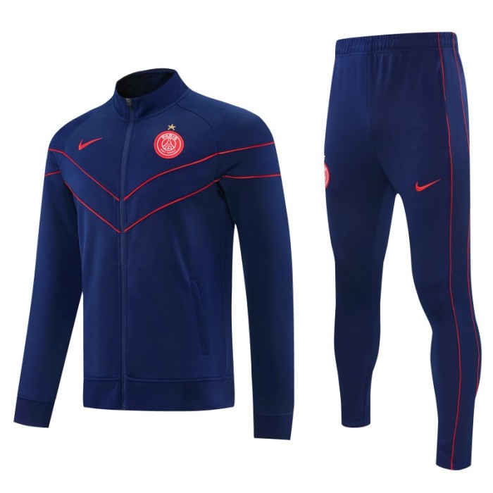 26/27 Paris Saint-Germain Navy Blue with Red Chevron Stripe Full Zipper Jacket Tracksuit + Long Pants (Home)