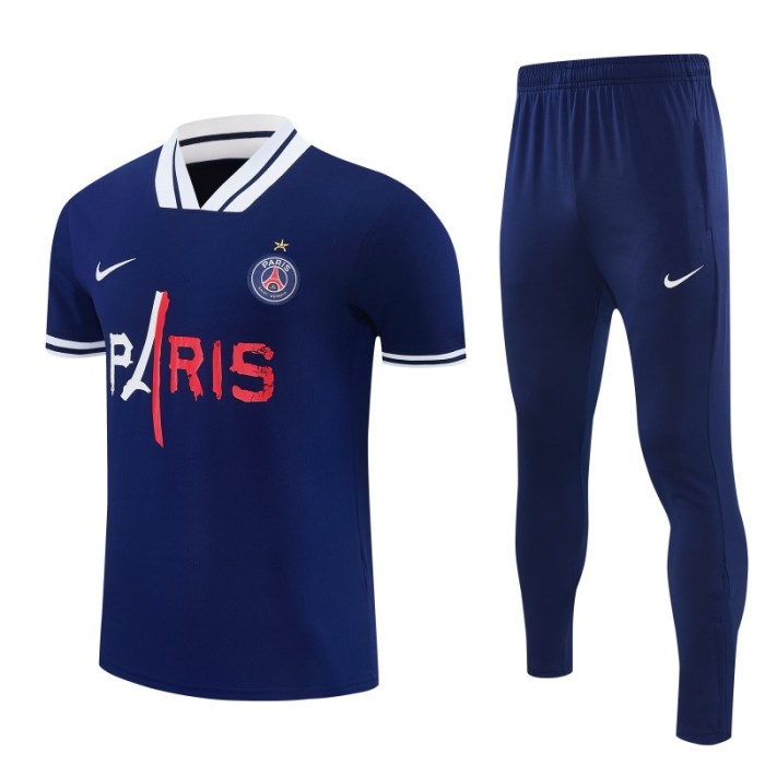 26/27 Paris Saint-Germain Navy Blue with  PARIS  Eiffel Tower Short Sleeve Tracksuit + Long Pants