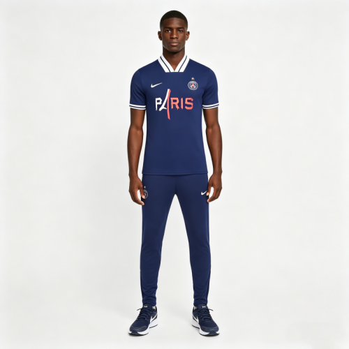26/27 Paris Saint-Germain Navy Blue with  PARIS  Eiffel Tower Short Sleeve Tracksuit + Long Pants