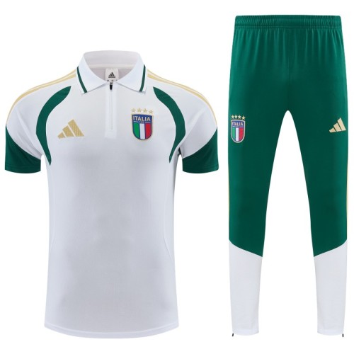 2026 Italy White & Green Half-Zip Polo Short Sleeve Tracksuit + Long Pants