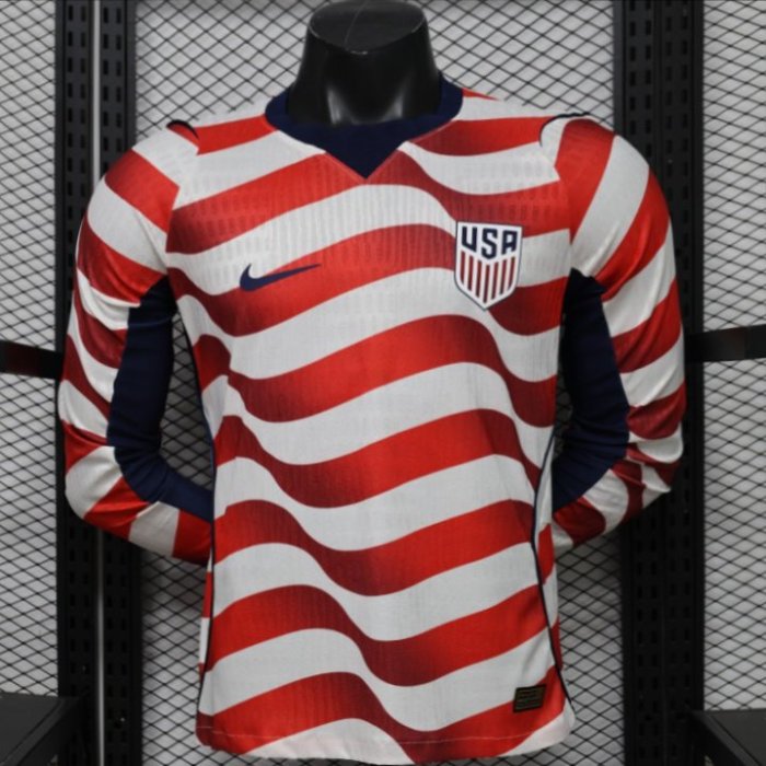 Player Version 2026 USA White & Red with Wave Stripe Long Sleeve Home Jersey