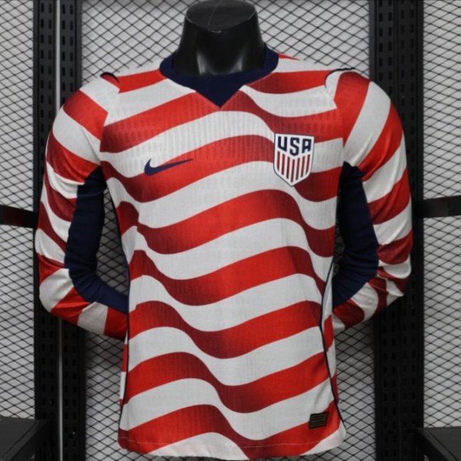 Player Version 2026 USA White & Red with Wave Stripe Long Sleeve Home Jersey