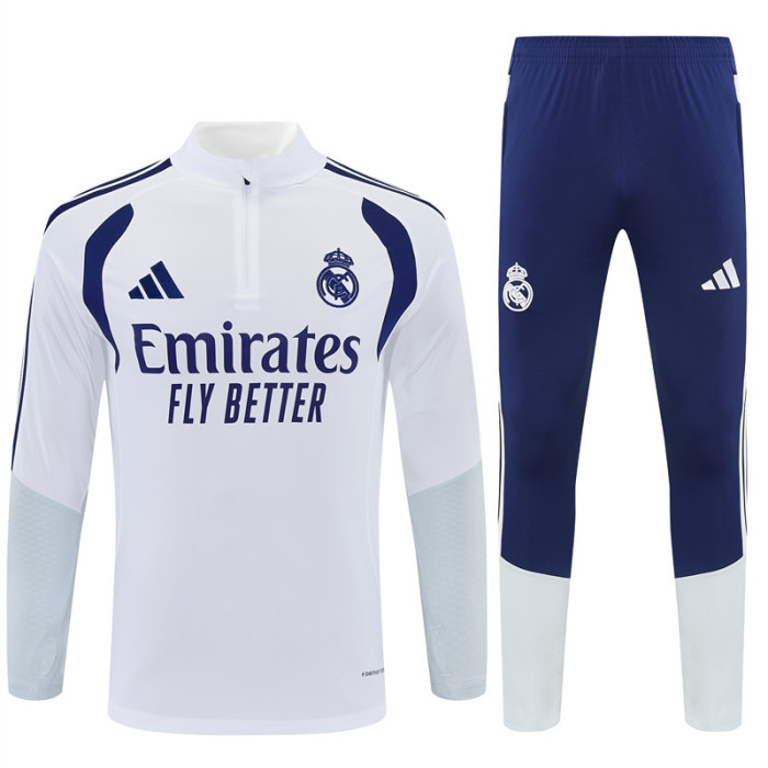 26/27 Kids Real Madrid Home White Half Zipper Jacket Tracksuit + Long Pants