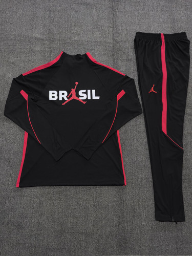 26/27 Kids Brazil Black & Red Half Zipper Jacket Tracksuit + Long Pants