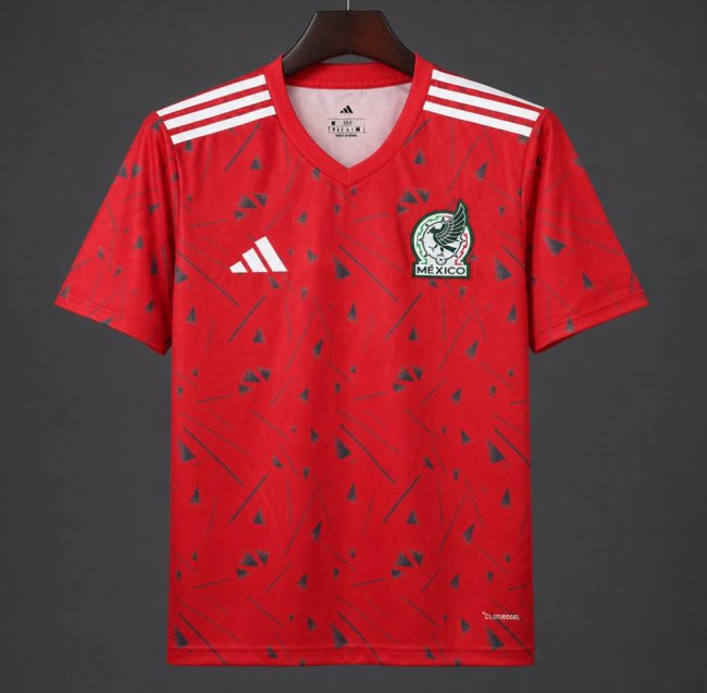 2026 Mexico Red Soccer Jersey with Green Geometric Triangles and Stripe