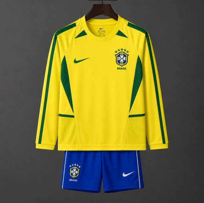 Retro Kids 2002 Brazil Home Long Sleeve Jersey