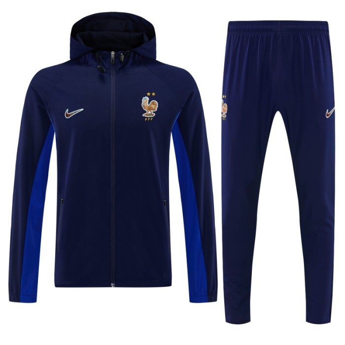 26/27 France Navy Blue Full Zipper Hooded Jacket Tracksuit + Long Pants