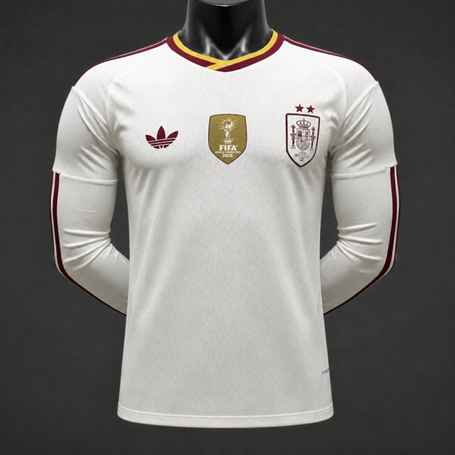 Player Version 2 Star 2026 Spain Away White Long Sleeve Jersey With Champion Patch