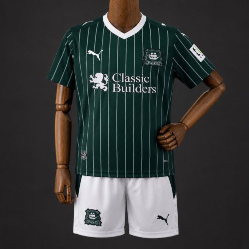 26/27 Kids  Plymouth Argyle Green with White Pinstripe Home Jersey Kit