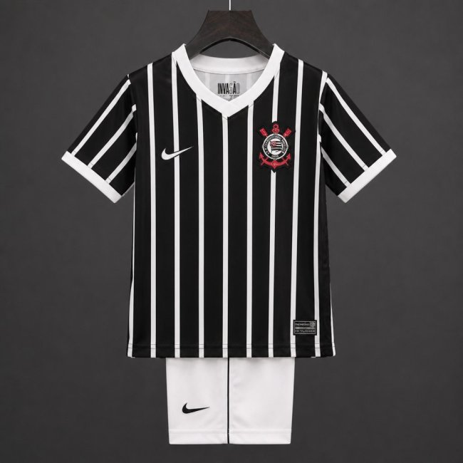 26/27 Kids Corinthians Black & White Stripes Away Jersey Kit